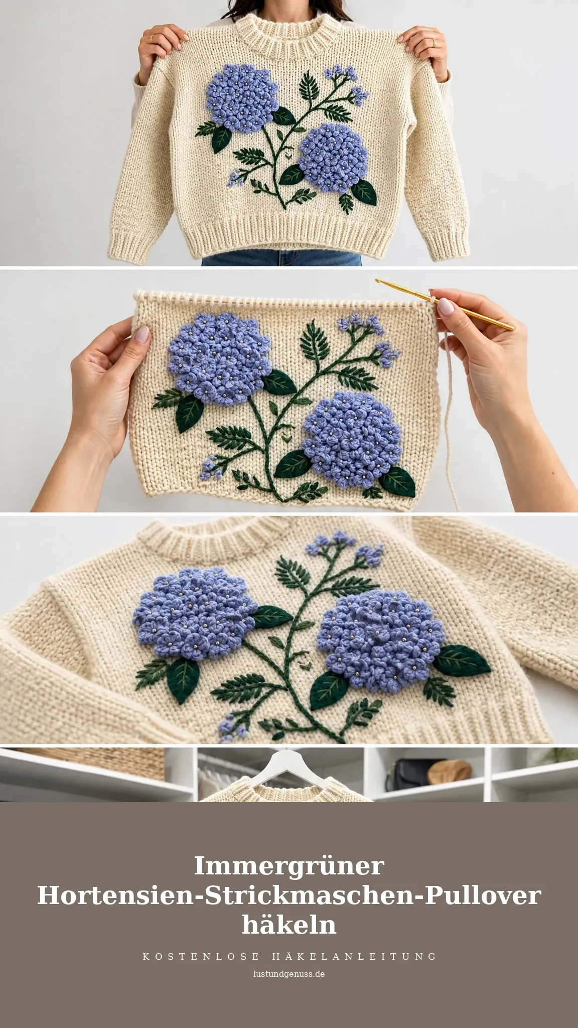 Immergrüner Hortensien-Strickmaschen-Pullover häkeln