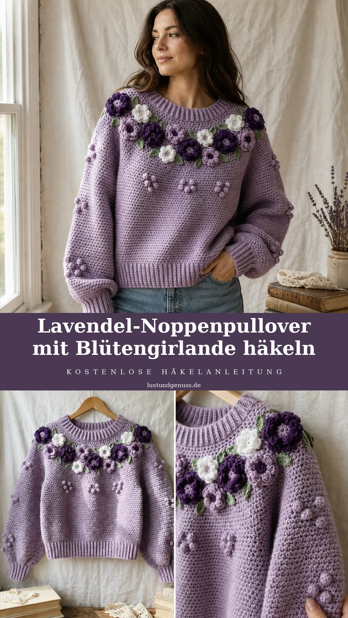 Lavendel-Noppenpullover mit Blütengirlande häkeln