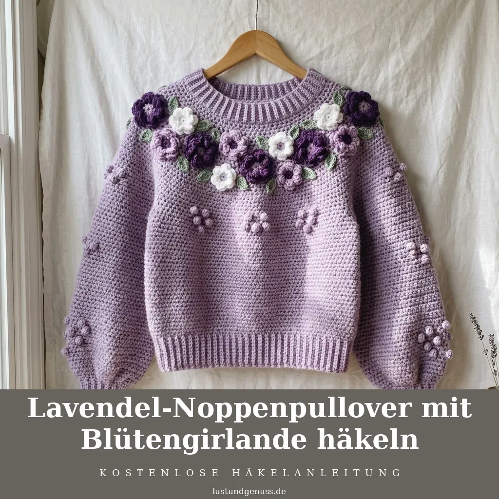 Lavendel-Noppenpullover mit Blütengirlande häkeln