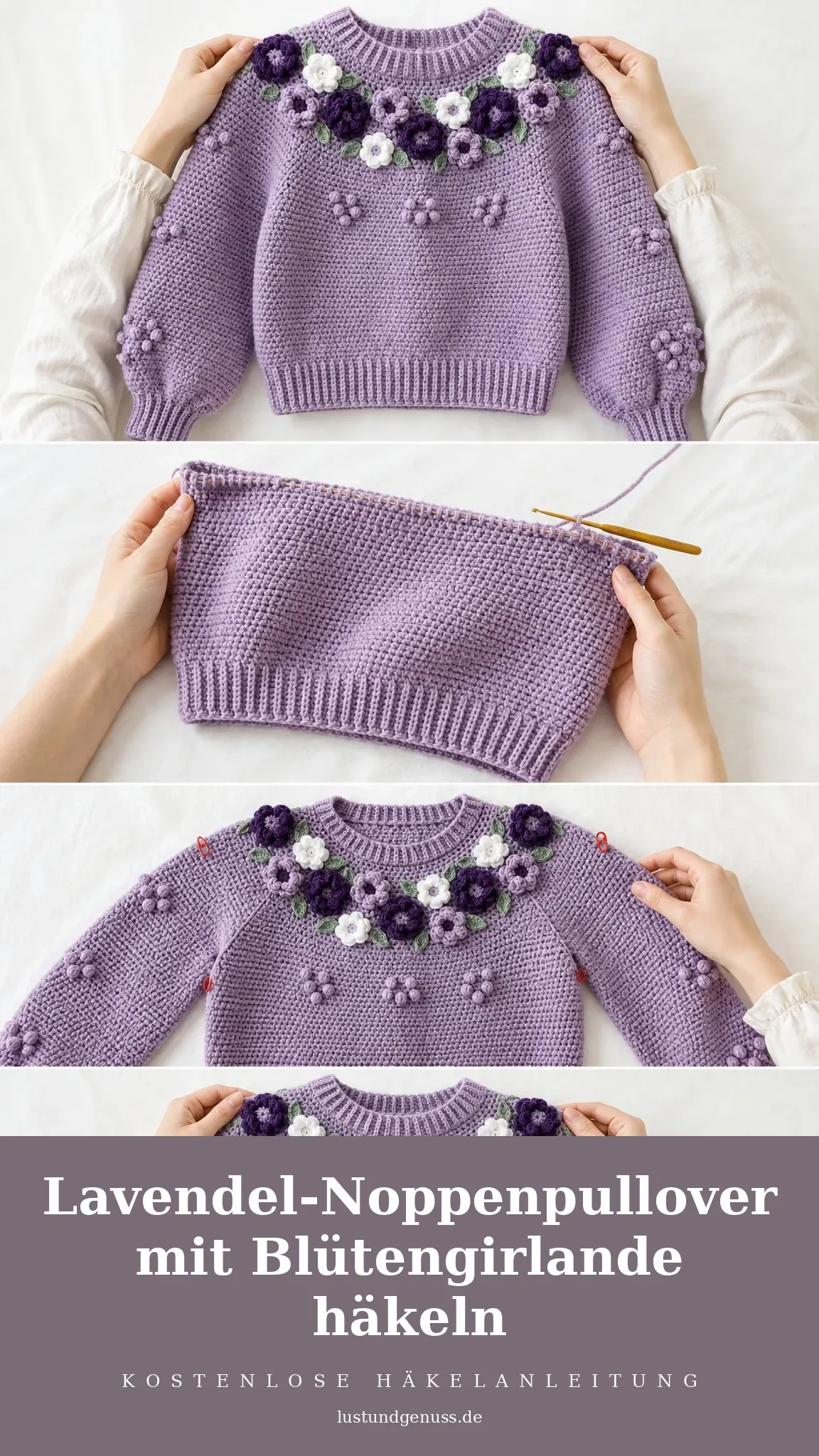 Lavendel-Noppenpullover mit Blütengirlande häkeln