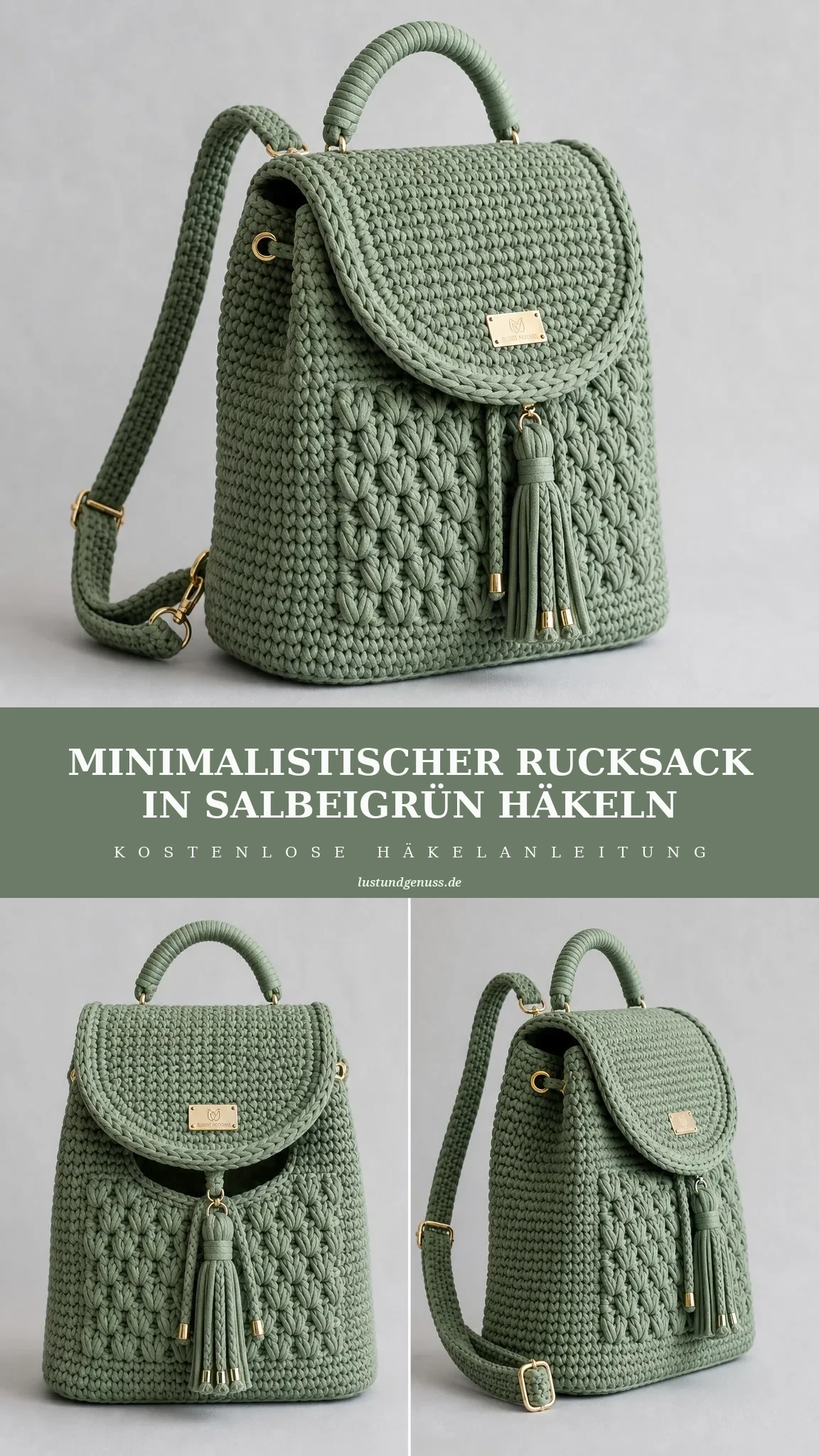 Minimalistischer Rucksack in Salbeigrün häkeln