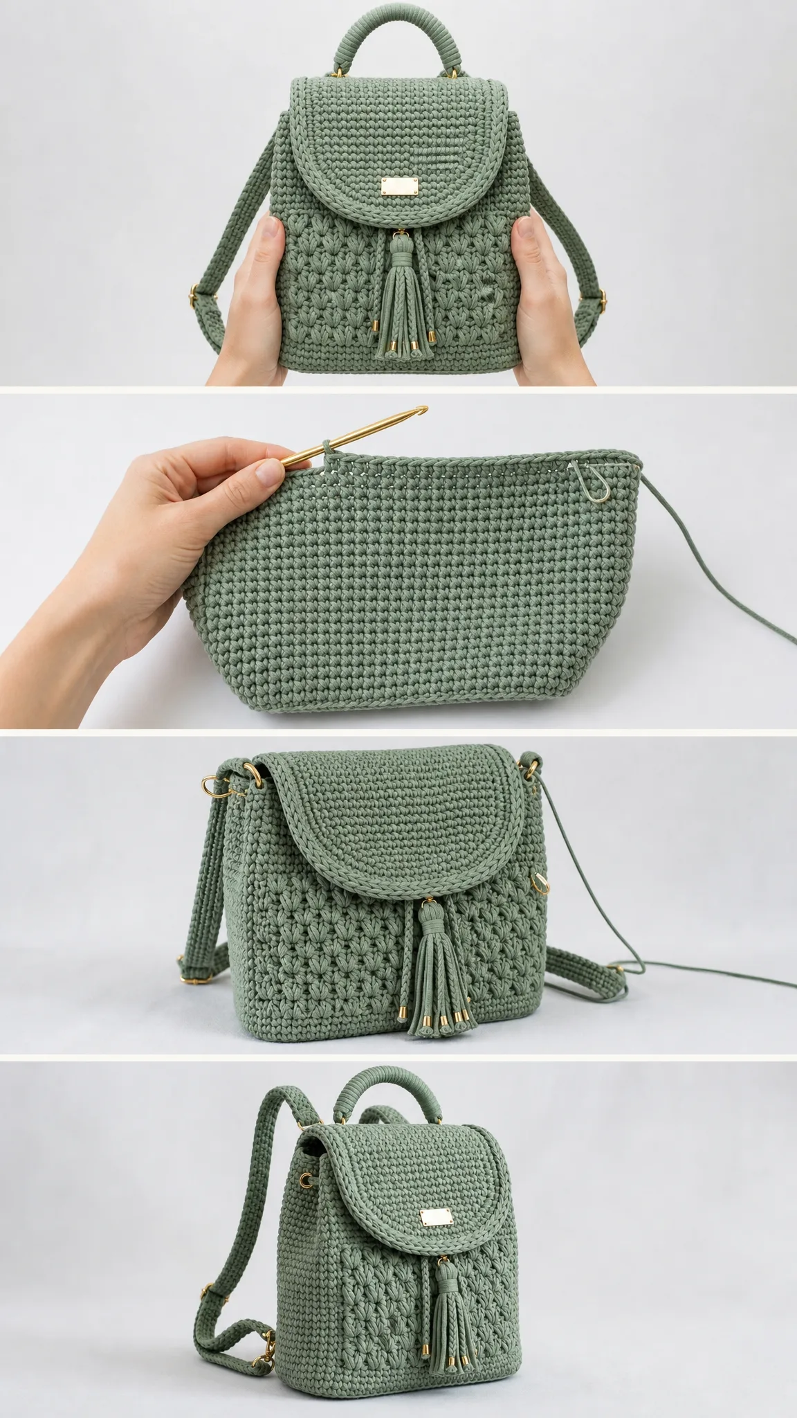 Minimalistischer Rucksack in Salbeigrün häkeln