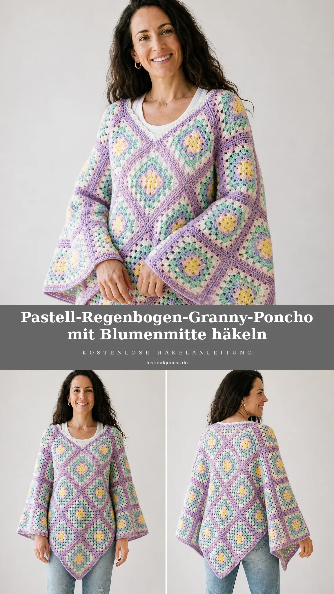 Pastell-Regenbogen-Granny-Poncho mit Blumenmitte häkeln