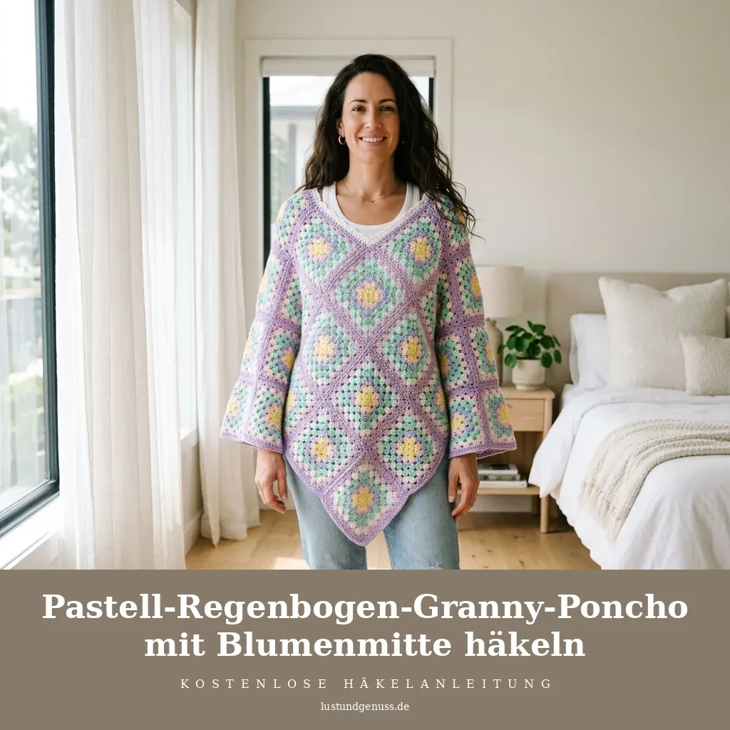 Pastell-Regenbogen-Granny-Poncho mit Blumenmitte häkeln