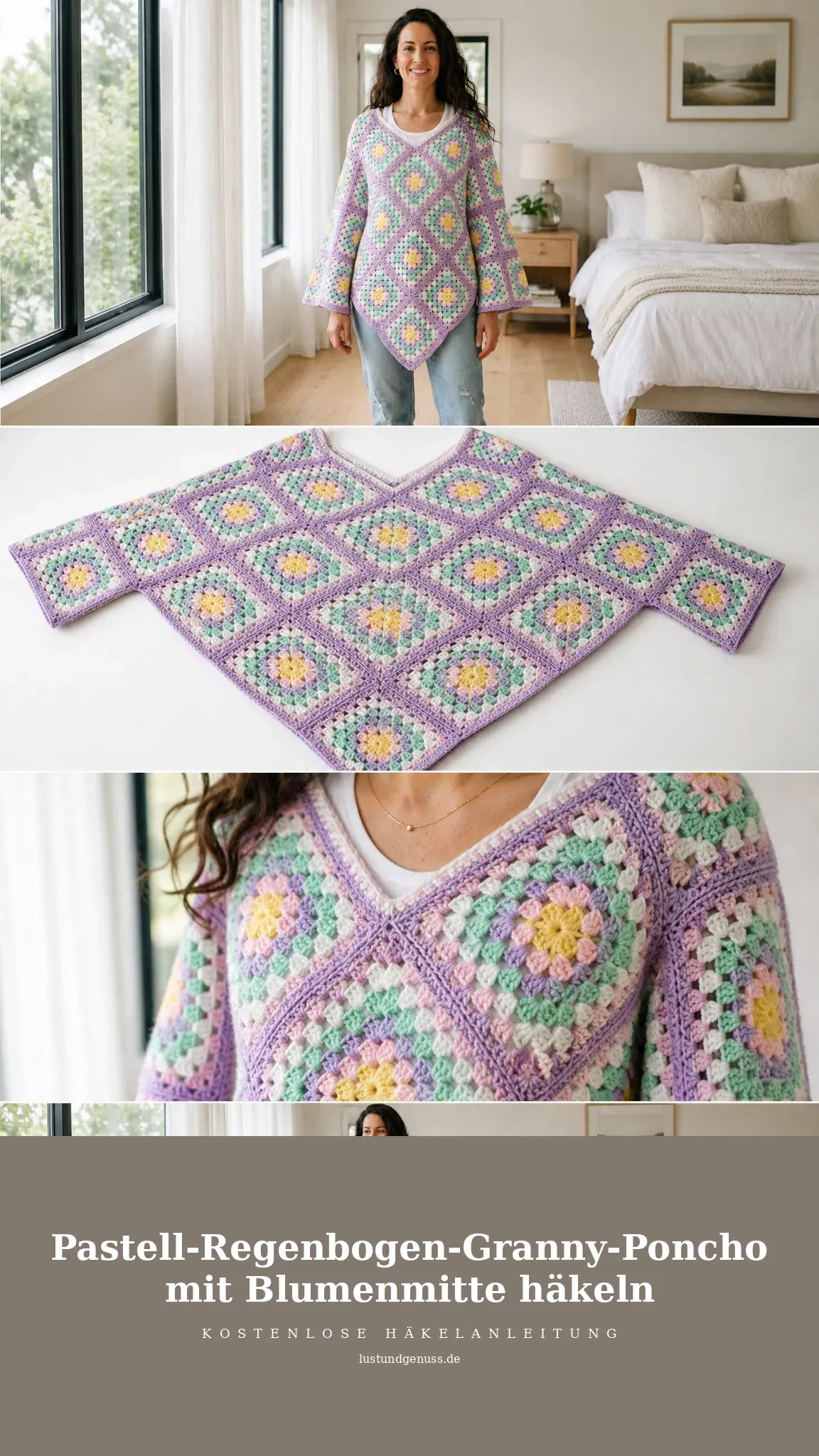 Pastell-Regenbogen-Granny-Poncho mit Blumenmitte häkeln