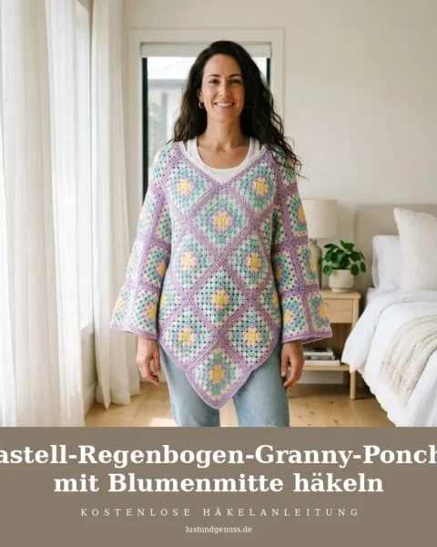 Pastell-Regenbogen-Granny-Poncho mit Blumenmitte häkeln