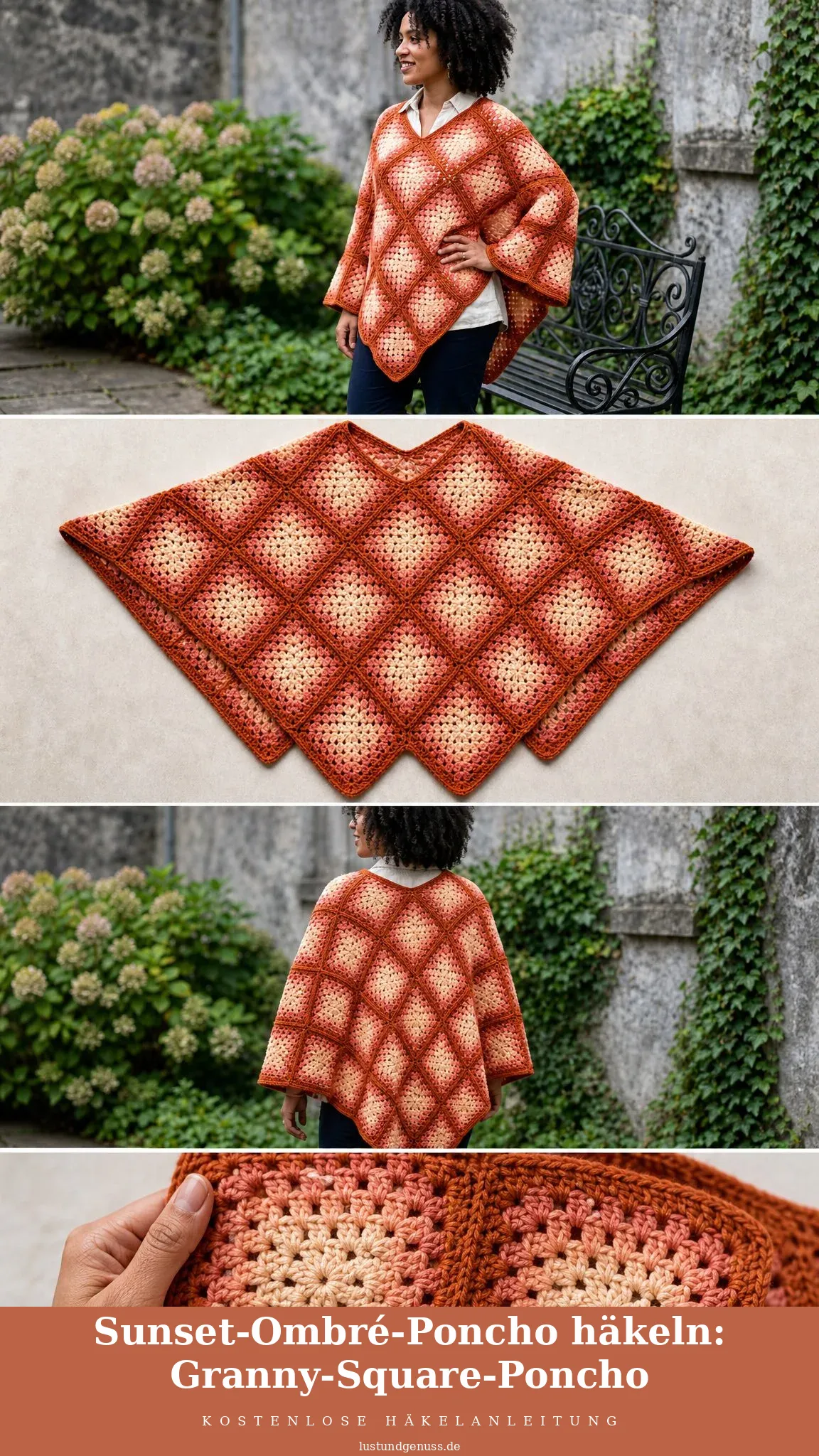 Sunset-Ombré-Poncho häkeln: Granny-Square-Poncho