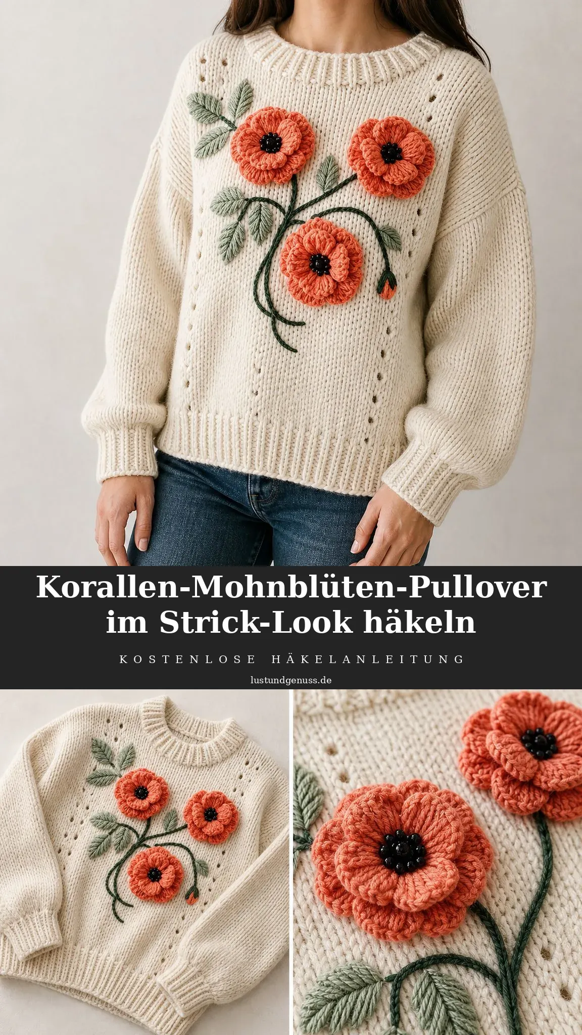Korallen-Mohnblüten-Pullover im Strick-Look häkeln