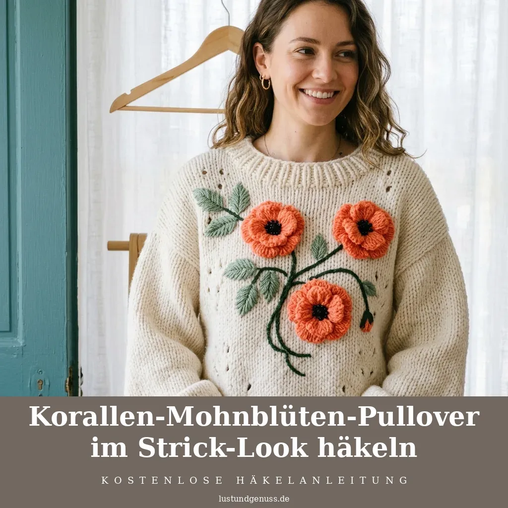 Korallen-Mohnblüten-Pullover im Strick-Look häkeln