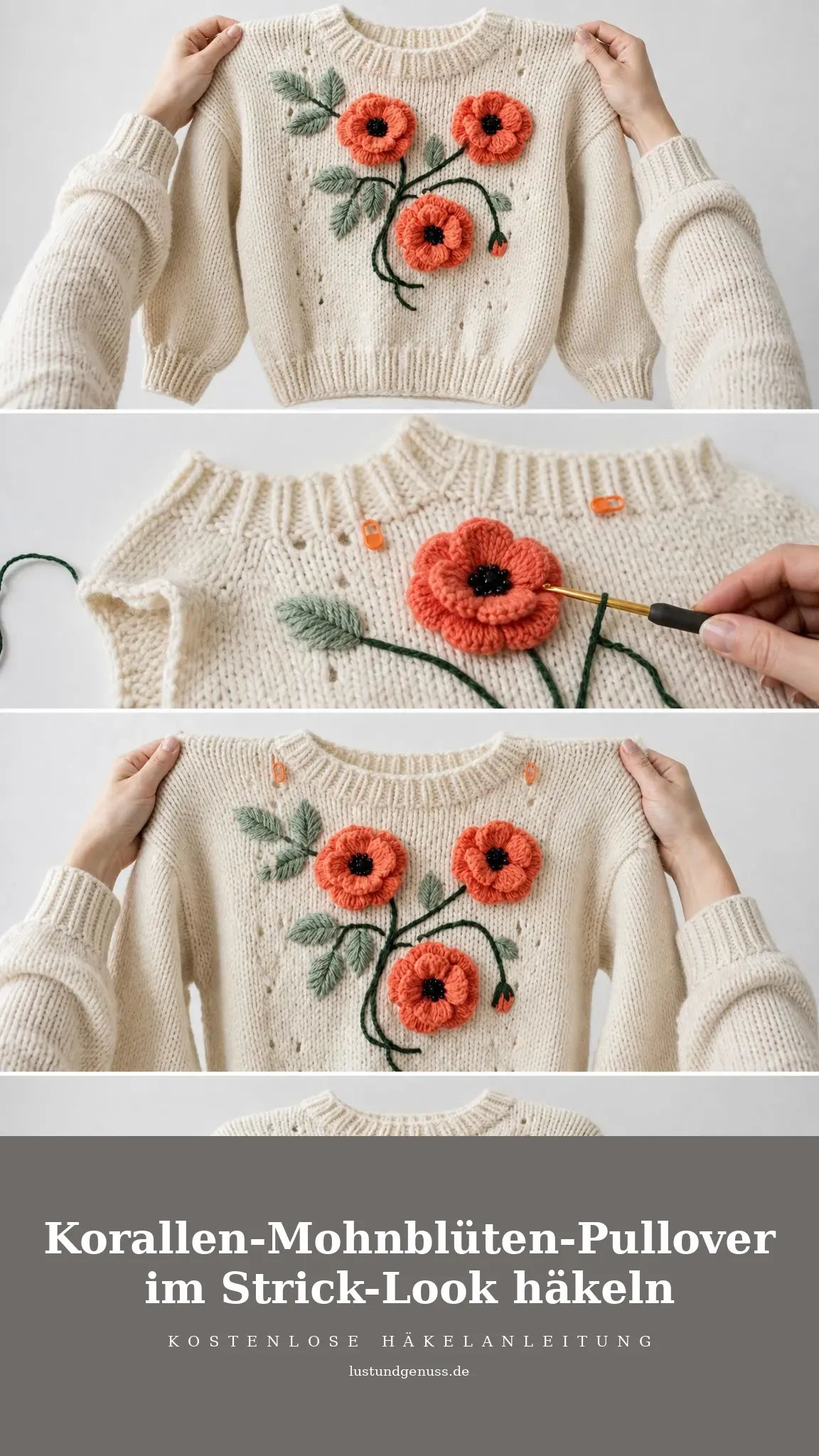 Korallen-Mohnblüten-Pullover im Strick-Look häkeln