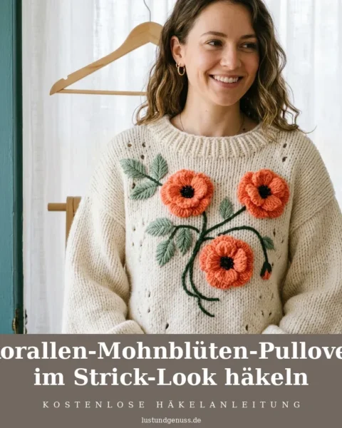 Korallen-Mohnblüten-Pullover im Strick-Look häkeln