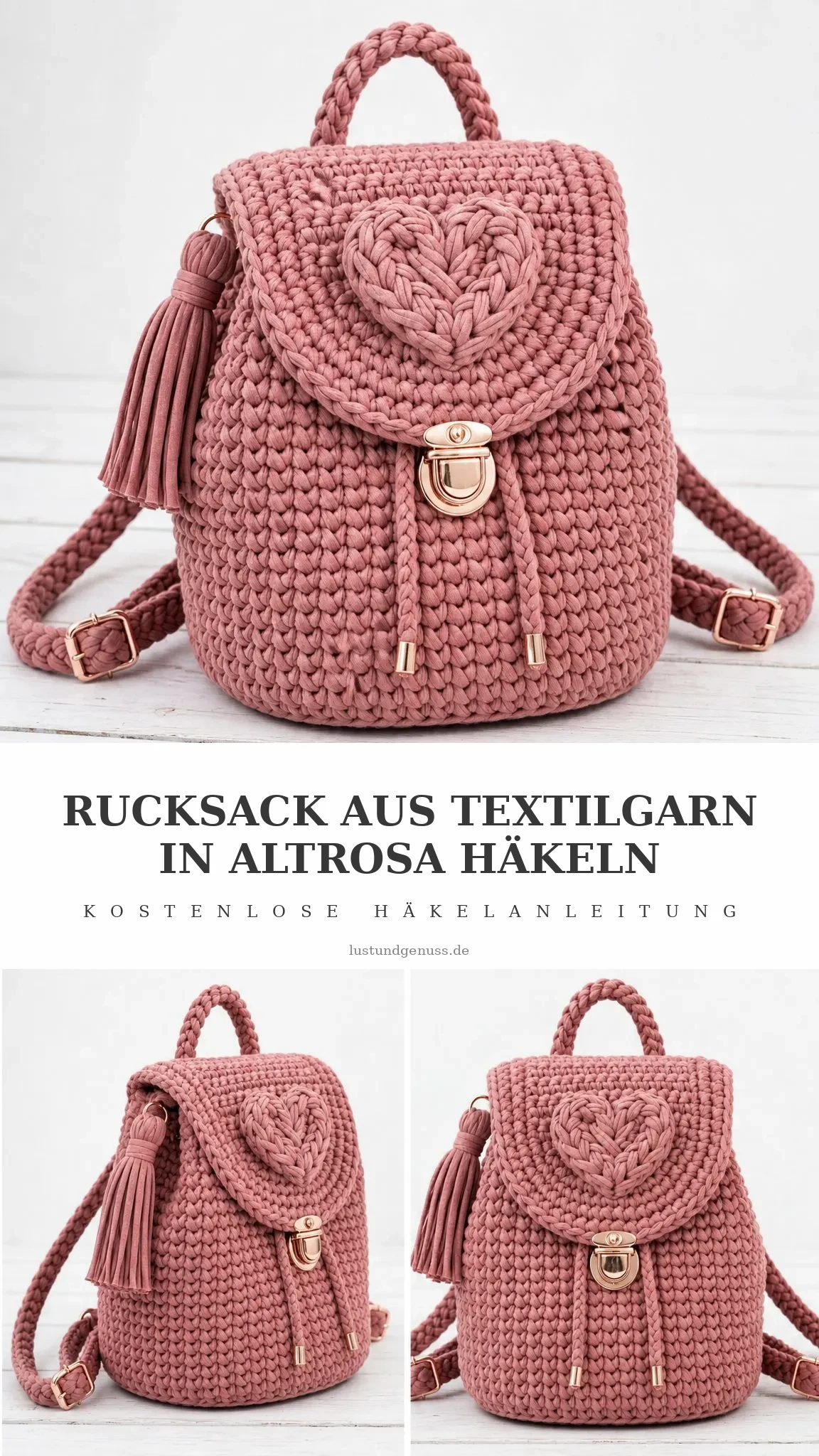 Rucksack aus Textilgarn in Altrosa häkeln