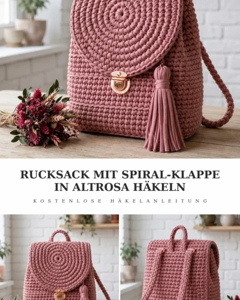 Rucksack mit Spiral-Klappe in Altrosa häkeln