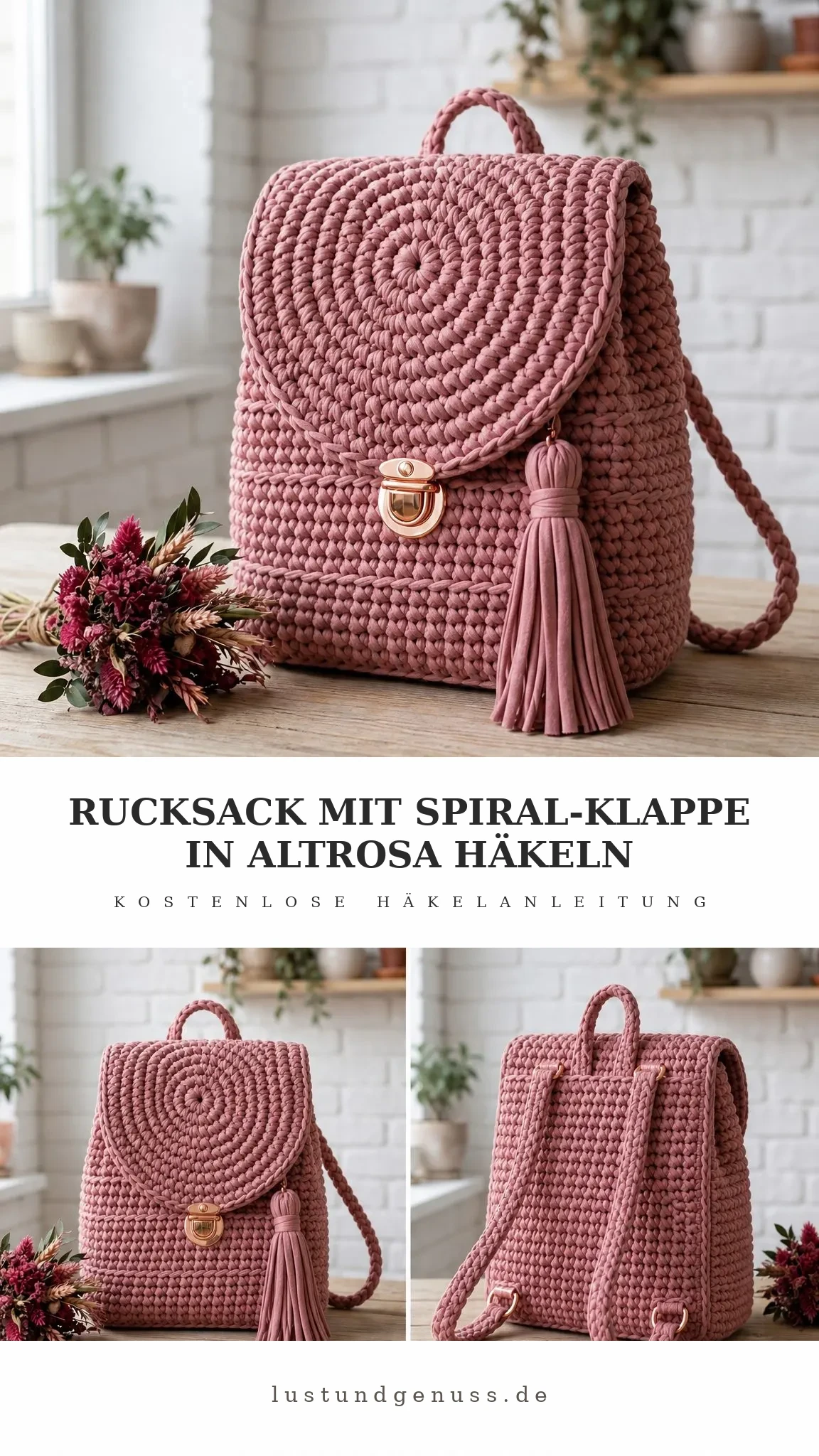 Rucksack mit Spiral-Klappe in Altrosa häkeln