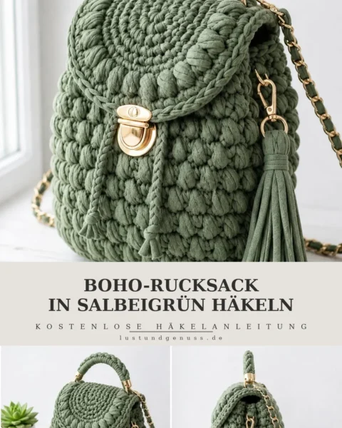 Boho-Rucksack in Salbeigrün häkeln