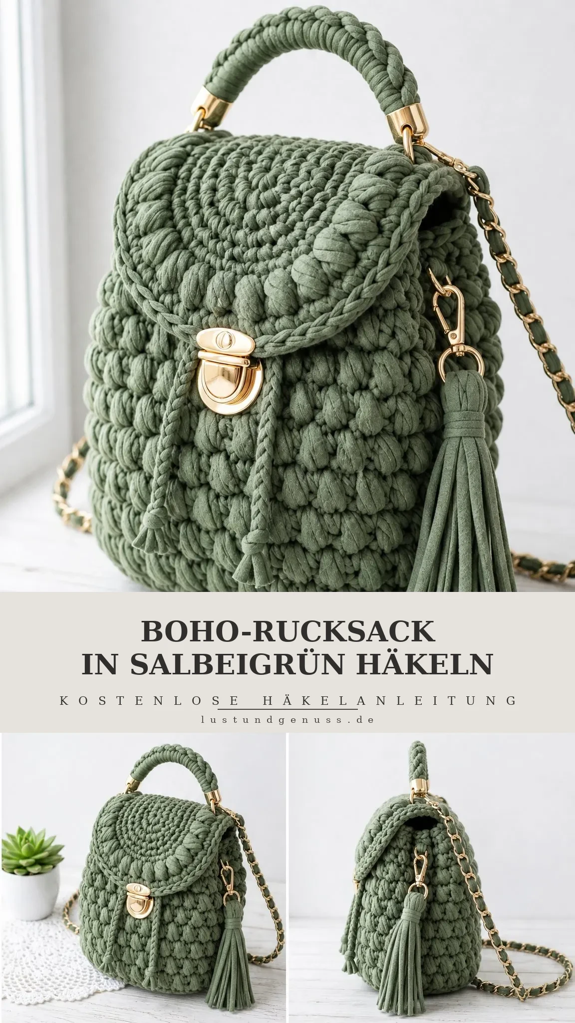 Boho-Rucksack in Salbeigrün häkeln