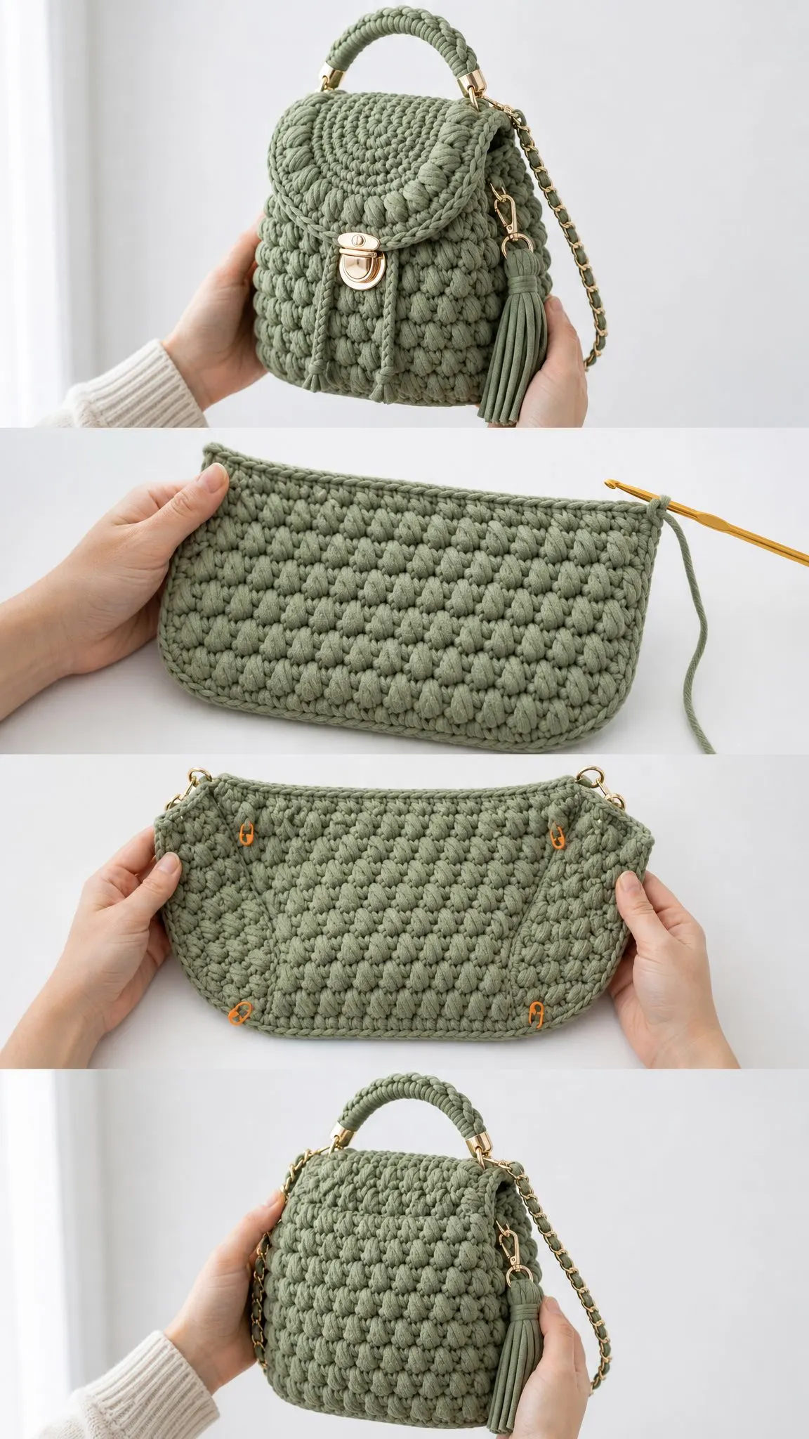 Boho-Rucksack in Salbeigrün häkeln